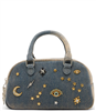 Betsey Johnson Celestial Charm Studs mini dome crossbody bag in shimmering silver tone with gold tone moon, star, lightning bolt, and eye inspired charms, rolled handles, and adjustable strap.