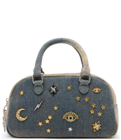 Betsey Johnson Celestial Charm Studs mini dome crossbody bag in shimmering silver tone with gold tone moon, star, lightning bolt, and eye inspired charms, rolled handles, and adjustable strap.