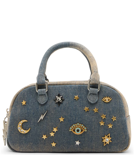 Betsey Johnson Celestial Charm Studs mini dome crossbody bag in shimmering silver tone with gold tone moon, star, lightning bolt, and eye inspired charms, rolled handles, and adjustable strap.