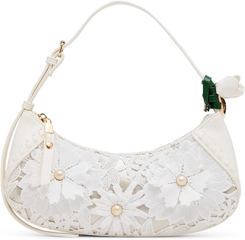 Betsey Johnson White Lace Crescent Bag Floral Crochet Pearl Mini