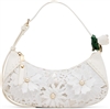 Betsey Johnson Lacey Crochet Floral White Crescent Shoulder Handbag, Small Designer Bag For Women With 3D Pearl Accents Whimsical Boutique Evening Statement Carryall