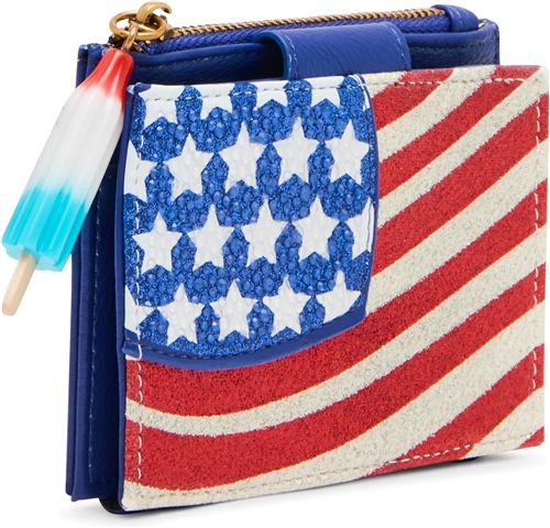 Betsey Johnson Red White and Betsey card case wallet featuring sparkling red and white stripes, blue rhinestone details, raised white stars, and a compact American flag inspired design.