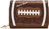 Betsey Johnson Blitz and Glitz brown football wallet crossbody featuring rhinestone embellishments, white field inspired stripes, football lace detail, and a wide adjustable football print strap.