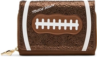 Betsey Johnson Blitz and Glitz brown football wallet crossbody featuring rhinestone embellishments, white field inspired stripes, football lace detail, and a wide adjustable football print strap.