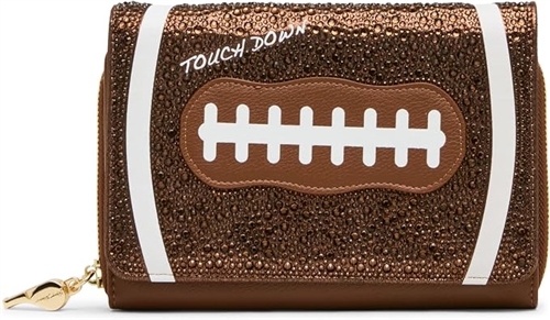 Betsey Johnson Blitz and Glitz brown football wallet crossbody featuring rhinestone embellishments, white field inspired stripes, football lace detail, and a wide adjustable football print strap.