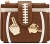 Betsey Johnson First Down and Fabulous brown football card case wallet featuring white lace and field inspired details, gold tone football helmet, fan hand accent, and compact card holder design.