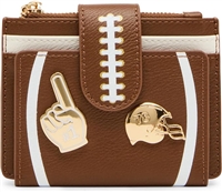 Betsey Johnson First Down and Fabulous brown football card case wallet featuring white lace and field inspired details, gold tone football helmet, fan hand accent, and compact card holder design.