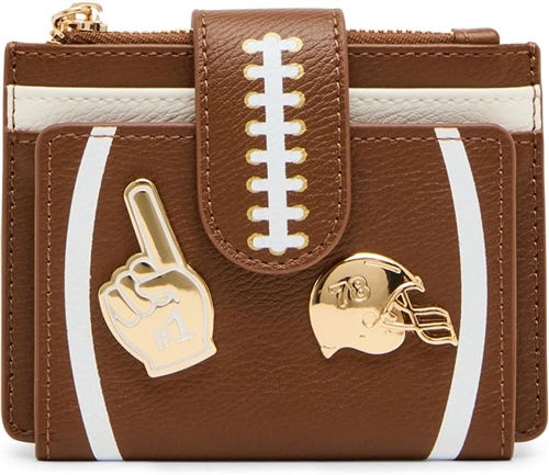 Betsey Johnson First Down and Fabulous brown football card case wallet featuring white lace and field inspired details, gold tone football helmet, fan hand accent, and compact card holder design.