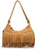 Betsey Johnson Fringe Benefits tan Western hobo bag featuring long layered fringe, gold tone studs, a hanging sheriff badge inspired charm, short handle, and adjustable shoulder strap.
