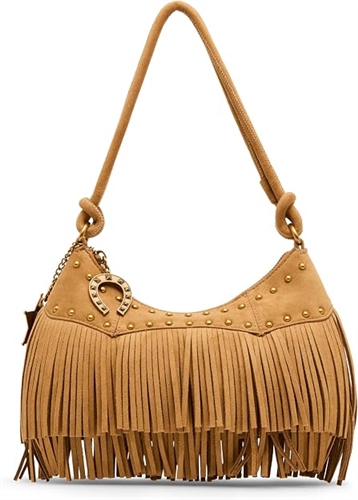 Betsey Johnson Fringe Benefits tan Western hobo bag featuring long layered fringe, gold tone studs, a hanging sheriff badge inspired charm, short handle, and adjustable shoulder strap.