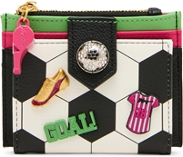 Betsey Johnson Goal Getter soccer card case wallet featuring black and white soccer ball graphics, colorful soccer inspired accents, pink whistle zipper charm, and compact card holder silhouette.
