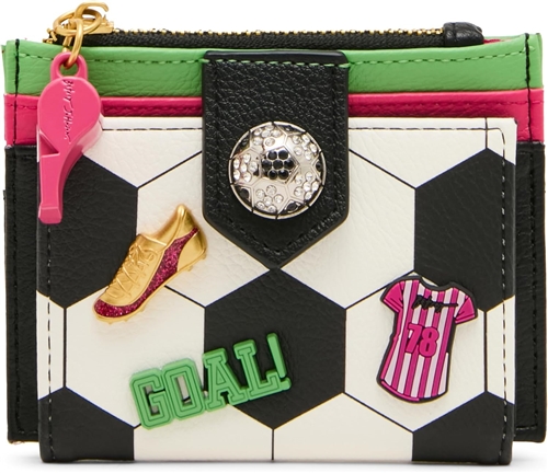 Betsey Johnson Goal Getter soccer card case wallet featuring black and white soccer ball graphics, colorful soccer inspired accents, pink whistle zipper charm, and compact card holder silhouette.