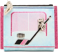 Betsey Johnson Face Off light blue bifold wallet featuring ice hockey rink graphics, goal and hockey stick details, metallic accents, and an ice skate inspired zipper pull.