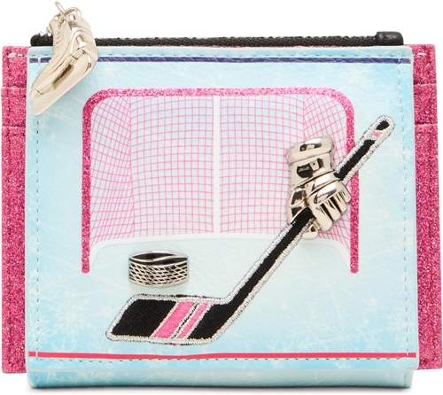 Betsey Johnson Face Off light blue bifold wallet featuring ice hockey rink graphics, goal and hockey stick details, metallic accents, and an ice skate inspired zipper pull.