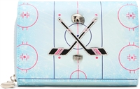 Betsey Johnson Puckin Around light blue ice hockey wallet crossbody featuring rink graphics, crossed hockey sticks, puck details, novelty hockey charms, and a removable strap.