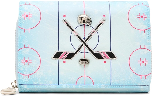 Betsey Johnson Puckin Around light blue ice hockey wallet crossbody featuring rink graphics, crossed hockey sticks, puck details, novelty hockey charms, and a removable strap.