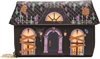 Betsey Johnson Boo and Breakfast haunted house wallet on chain crossbody featuring a black mansion design with glowing windows, boarded details, spiderwebs, skull accents, and colorful roof graphics.