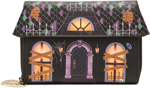 Betsey Johnson Boo and Breakfast haunted house wallet on chain crossbody featuring a black mansion design with glowing windows, boarded details, spiderwebs, skull accents, and colorful roof graphics.
