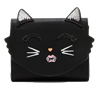 Betsey Johnson Scaredy Cat black novelty wallet with dimensional pointed cat ears, glitter accents, embroidered closed eyes, white whiskers, heart shaped nose, tiny fangs, and cat shaped flap.