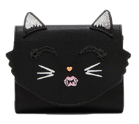 Betsey Johnson Scaredy Cat black novelty wallet with dimensional pointed cat ears, glitter accents, embroidered closed eyes, white whiskers, heart shaped nose, tiny fangs, and cat shaped flap.