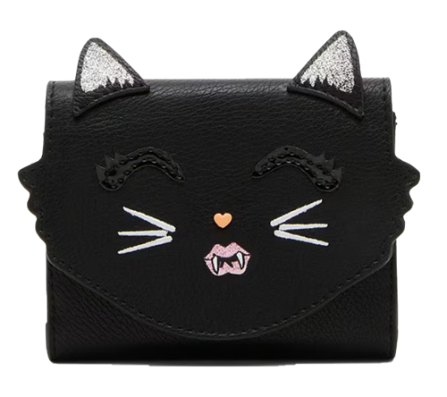 Betsey Johnson Scaredy Cat black novelty wallet with dimensional pointed cat ears, glitter accents, embroidered closed eyes, white whiskers, heart shaped nose, tiny fangs, and cat shaped flap.