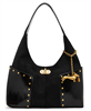 Betsey Johnson black Side Pocket hobo shoulder bag with gold tone geometric studs, front turn lock style hardware and dangling gold dachshund dog charm.