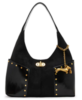 Betsey Johnson black Side Pocket hobo shoulder bag with gold tone geometric studs, front turn lock style hardware and dangling gold dachshund dog charm.