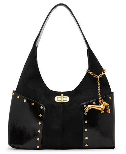 Betsey Johnson black Side Pocket hobo shoulder bag with gold tone geometric studs, front turn lock style hardware and dangling gold dachshund dog charm.