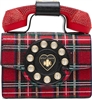 Betsey Johnson Brrrr-ing Phone novelty crossbody bag featuring rhinestone tartan plaid, retro rotary telephone inspired details, Bluetooth phone functionality, and a long black crossbody strap.