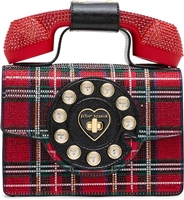 Betsey Johnson Brrrr-ing Phone novelty crossbody bag featuring rhinestone tartan plaid, retro rotary telephone inspired details, Bluetooth phone functionality, and a long black crossbody strap.