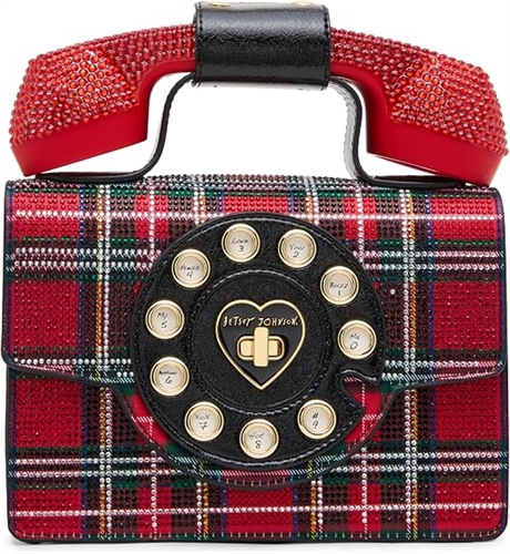 Betsey Johnson Brrrr-ing Phone novelty crossbody bag featuring rhinestone tartan plaid, retro rotary telephone inspired details, Bluetooth phone functionality, and a long black crossbody strap.