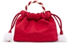 Betsey Johnson Candy Cane Lane red faux suede pouchette bag featuring a red and white candy cane inspired top handle, gathered drawstring closure, white pom accent, and crossbody strap.