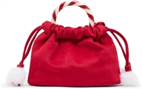 Betsey Johnson Candy Cane Lane red faux suede pouchette bag featuring a red and white candy cane inspired top handle, gathered drawstring closure, white pom accent, and crossbody strap.