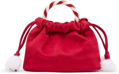 Betsey Johnson Candy Cane Lane red faux suede pouchette bag featuring a red and white candy cane inspired top handle, gathered drawstring closure, white pom accent, and crossbody strap.