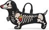 Betsey Johnson Weenie and the Beast black and white novelty crossbody handbag shaped like a dachshund with skeleton bone graphics, dimensional dog details, and long black strap.