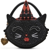 Betsey Johnson Scaredy Cat black rhinestone novelty crossbody handbag shaped like a black cat with pointed ears, whisker details, witch hat, top handle, and long black strap.