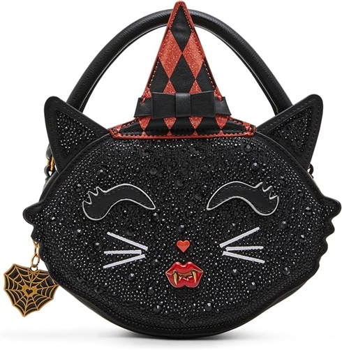 Betsey Johnson Scaredy Cat black rhinestone novelty crossbody handbag shaped like a black cat with pointed ears, whisker details, witch hat, top handle, and long black strap.