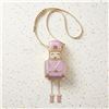 Betsey Johnson pink rhinestone Nutcracker novelty crossbody handbag with gold tone trim, faux pearl accents, peppermint detail and dangling chain legs with pink boots.