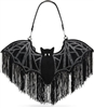 Betsey Johnson Wingin It black faux suede vampire bat shoulder handbag featuring extended glittering wings, central bat silhouette, and cascading black rhinestone fringe.