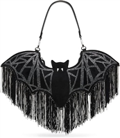 Betsey Johnson Wingin It black faux suede vampire bat shoulder handbag featuring extended glittering wings, central bat silhouette, and cascading black rhinestone fringe.