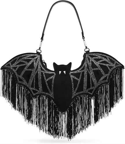Betsey Johnson Wingin It black faux suede vampire bat shoulder handbag featuring extended glittering wings, central bat silhouette, and cascading black rhinestone fringe.
