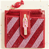 Betsey Johnson Kitchmas Nutcracker metallic red card case wallet featuring red and white rhinestones, dimensional pink and gold tone nutcracker detail, and wrapped candy inspired zipper charm.