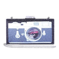Betsey Johnson Lights Camera Crystal Minaudiere Bag, Sparkling Multicolor Box Clutch for Women, Hardcase Novelty Crossbody Purse with Silver Chain Strap, Festive Statement Jewelry Accessory