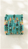 Nakamol 11 strand turquoise beaded bracelet with Czech crystal and stone beads in turquoise, green, coral and neutral tones with small gold tone accents.