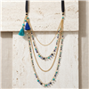 Nakamol Multilayer Agate and Glass Beaded Tassel Statement Necklace Gold Tone 24 Inch
