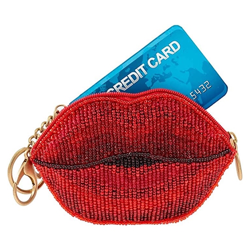Mary Frances XOXO Smooch Lips Beaded Card Case Coin Purse