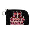 Fashion Culture black beaded key ring coin pouch featuring bright pink and orange cowboy boots, white outlined Rodeo Mama lettering, zipper closure, and metal key ring.