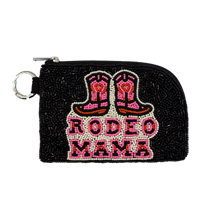 Fashion Culture black beaded key ring coin pouch featuring bright pink and orange cowboy boots, white outlined Rodeo Mama lettering, zipper closure, and metal key ring.