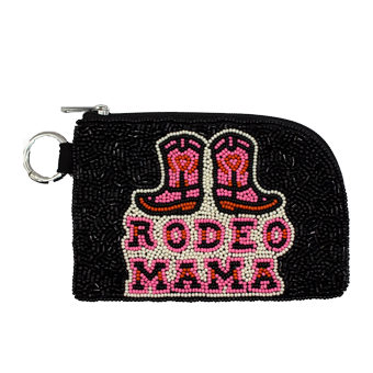 Fashion Culture black beaded key ring coin pouch featuring bright pink and orange cowboy boots, white outlined Rodeo Mama lettering, zipper closure, and metal key ring.
