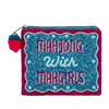 Fashion Culture pink and blue Mahjong with Mahgirls beaded zip pouch with colorful Mahjong tile motifs and fabric back.